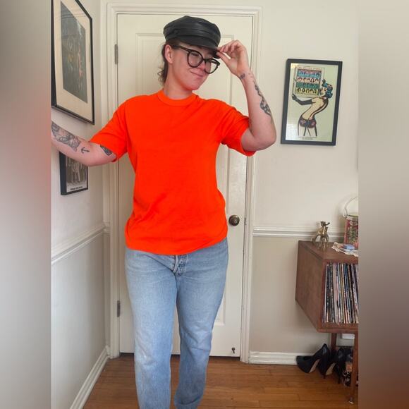 80s Vintage Bright Orange Single Stitch Cotton Poly Blend T Shirt - Sz Large - Picture 1 of 7